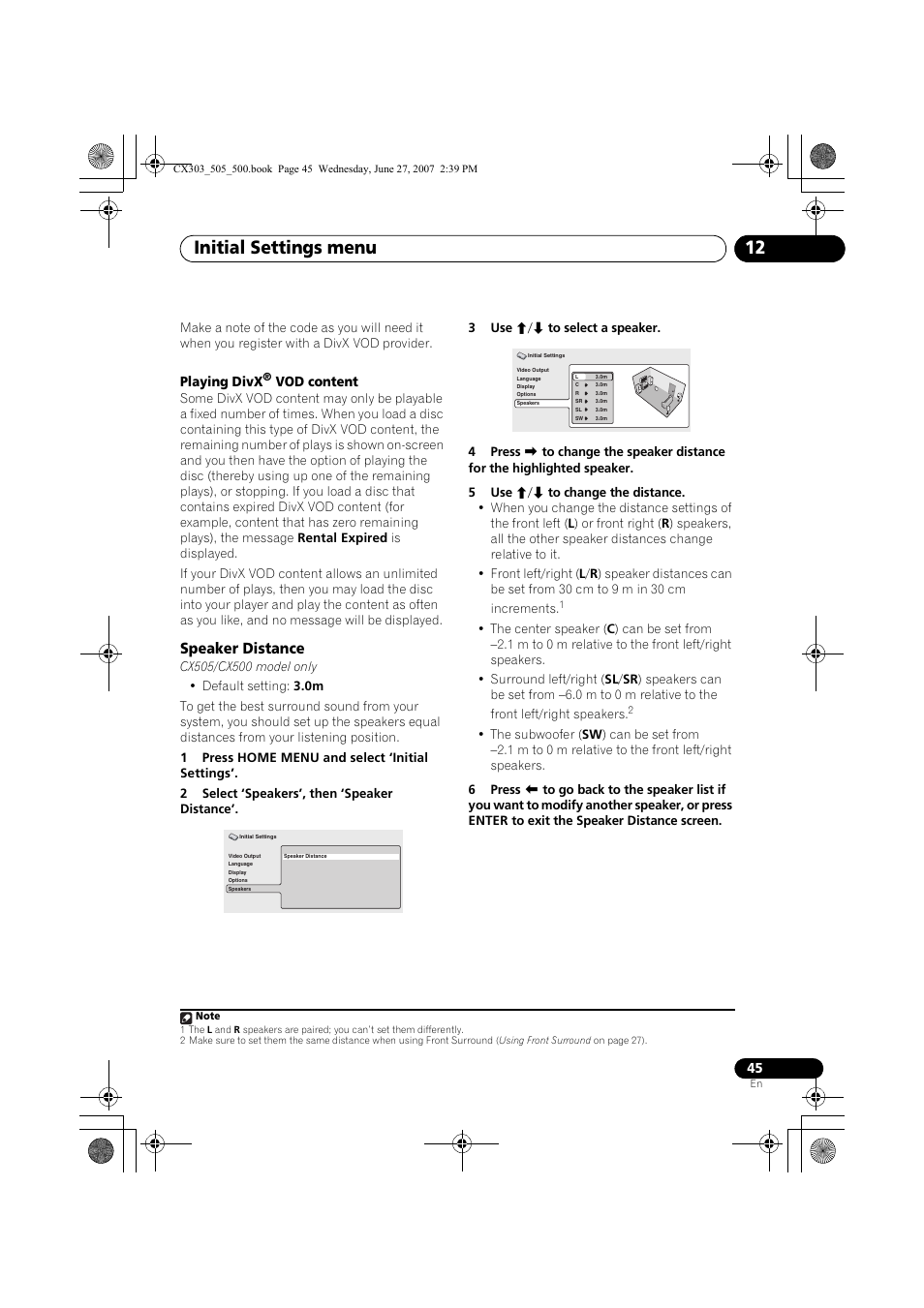 Speaker distance, Initial settings menu 12, Playing divx | Vod content | Pioneer XV-CX303 User Manual | Page 45 / 60
