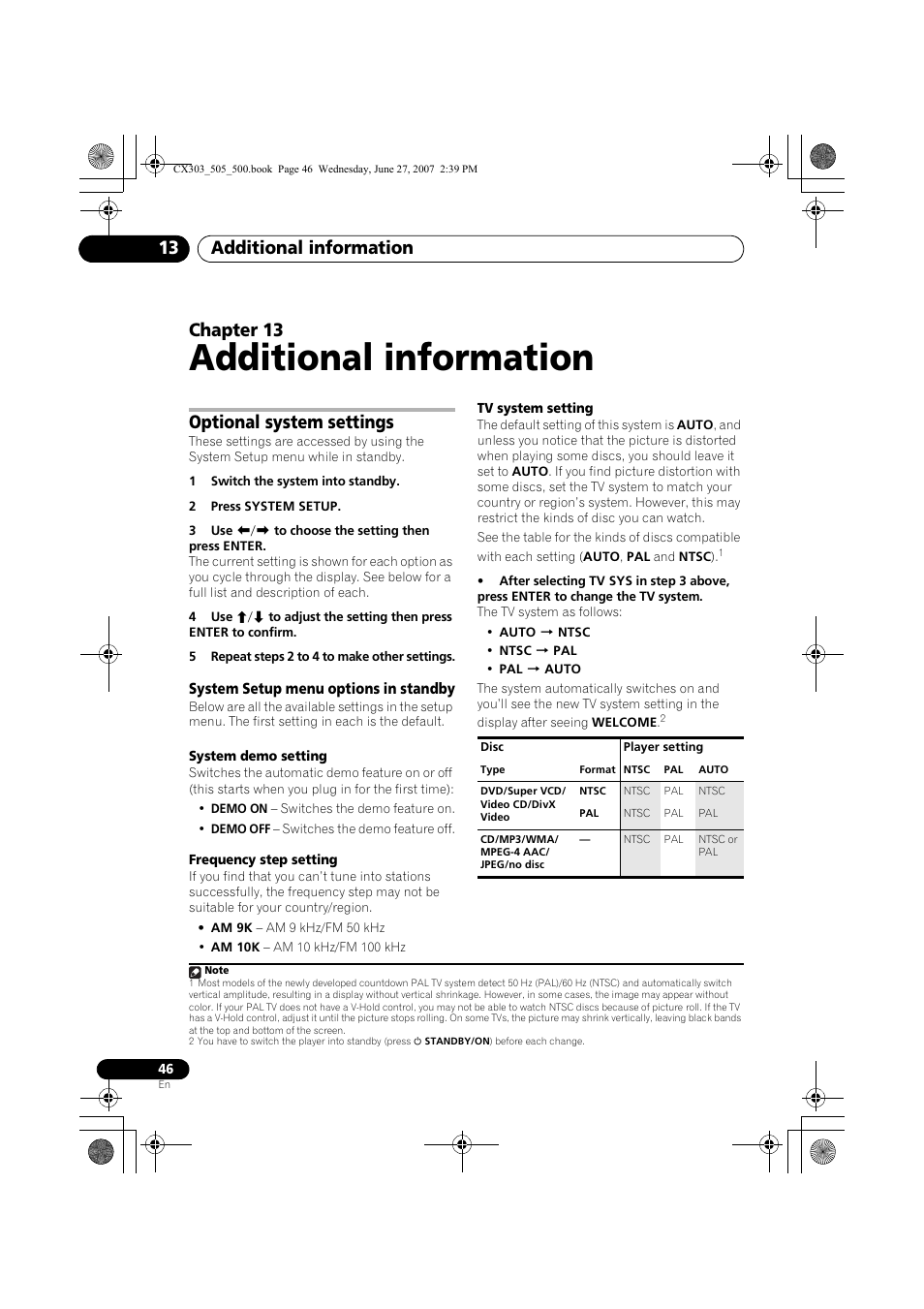 13 additional information, Optional system settings, System setup menu options in standby | Additional information, Additional information 13, Chapter 13 | Pioneer XV-CX303 User Manual | Page 46 / 60
