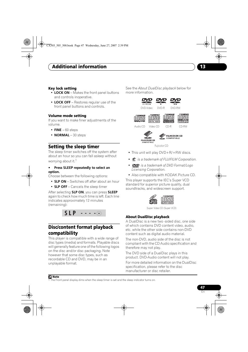 S l p, Additional information 13, Setting the sleep timer | Disc/content format playback compatibility | Pioneer XV-CX303 User Manual | Page 47 / 60