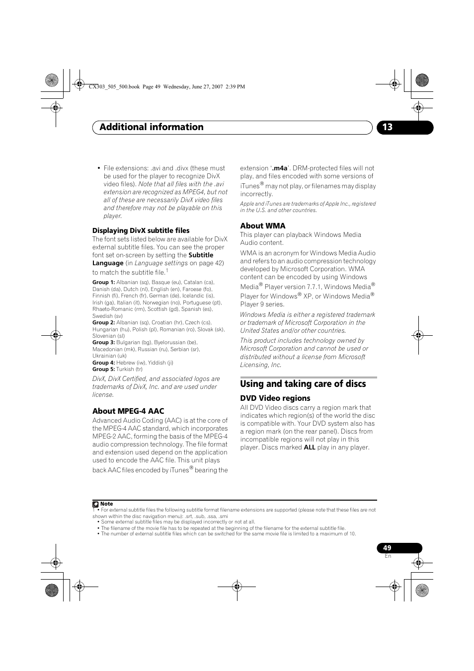 About mpeg-4 aac about wma, Using and taking care of discs, Dvd video regions | Additional information 13 | Pioneer XV-CX303 User Manual | Page 49 / 60