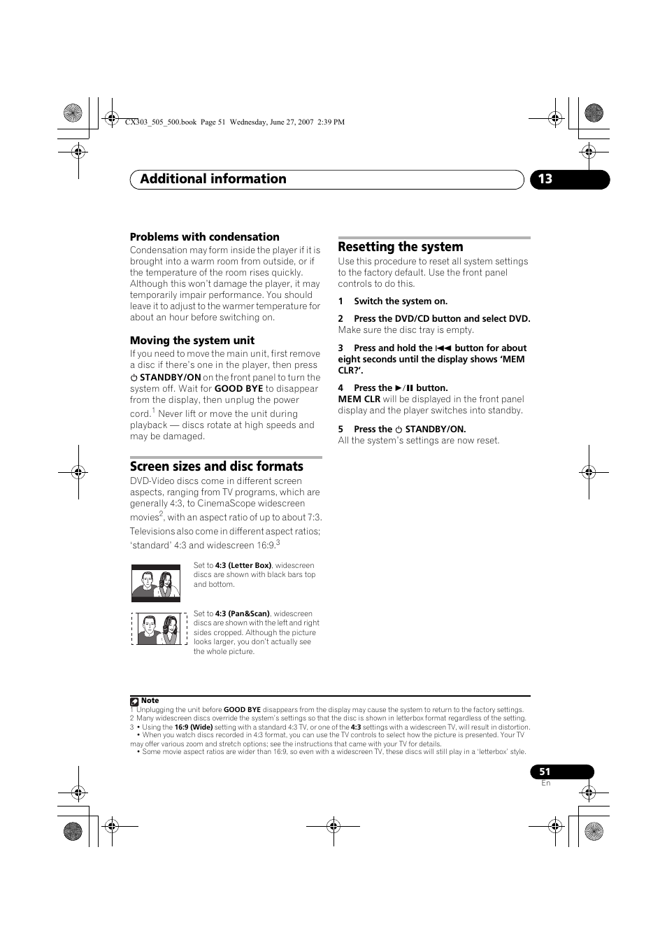 Problems with condensation moving the system unit, Screen sizes and disc formats resetting the system, Additional information 13 | Screen sizes and disc formats, Resetting the system | Pioneer XV-CX303 User Manual | Page 51 / 60
