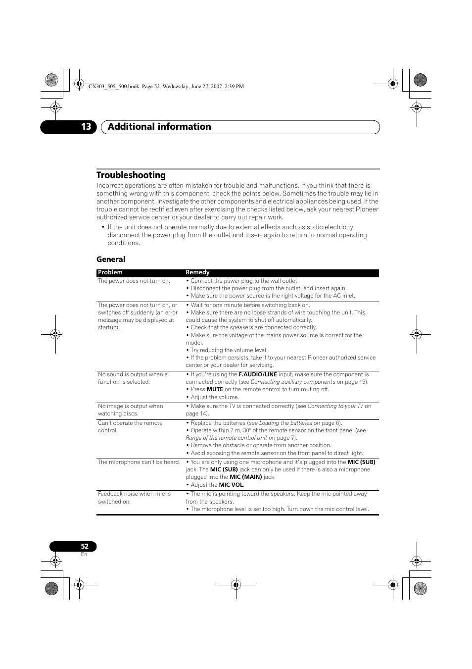 Troubleshooting, General, Additional information 13 | Pioneer XV-CX303 User Manual | Page 52 / 60