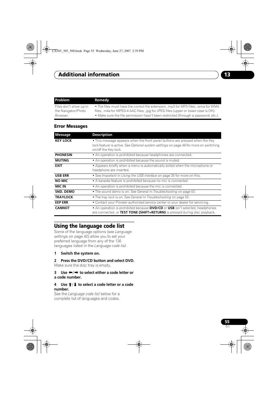 Error messages, Using the language code list, Additional information 13 | Pioneer XV-CX303 User Manual | Page 55 / 60