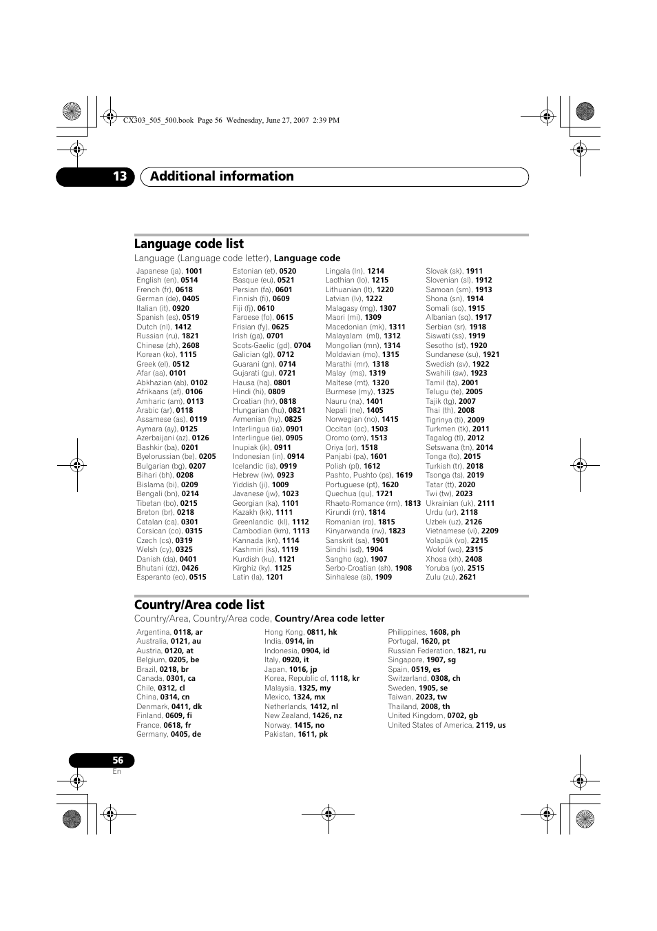 Language code list country/area code list, Additional information 13, Language code list | Country/area code list | Pioneer XV-CX303 User Manual | Page 56 / 60