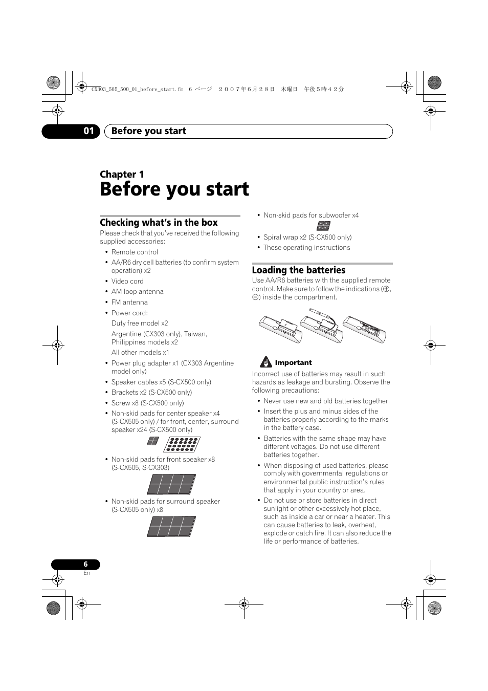 Before you start, Before you start 01, Chapter 1 | Checking what’s in the box, Loading the batteries | Pioneer XV-CX303 User Manual | Page 6 / 60