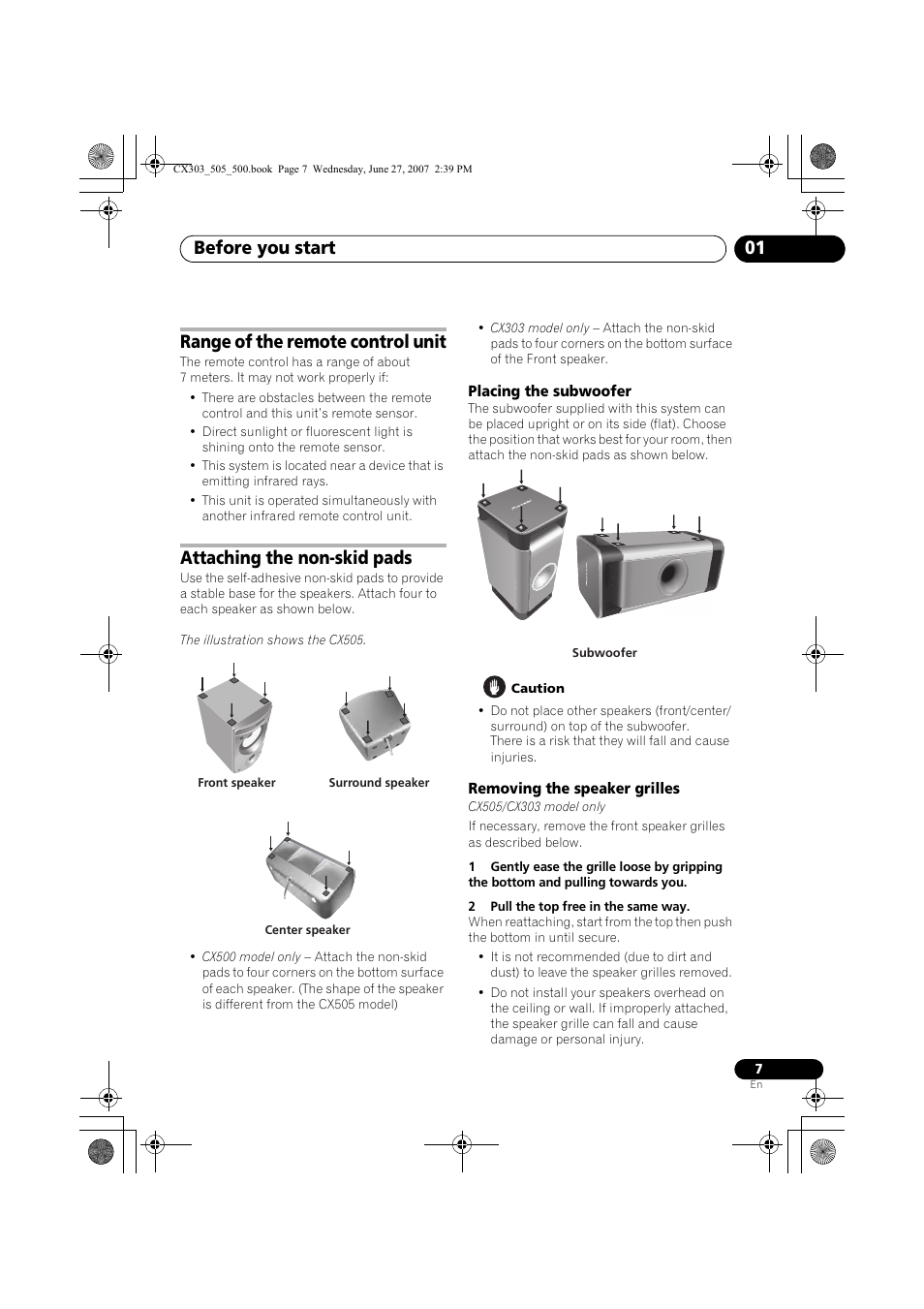 Before you start 01, Range of the remote control unit, Attaching the non-skid pads | Pioneer XV-CX303 User Manual | Page 7 / 60