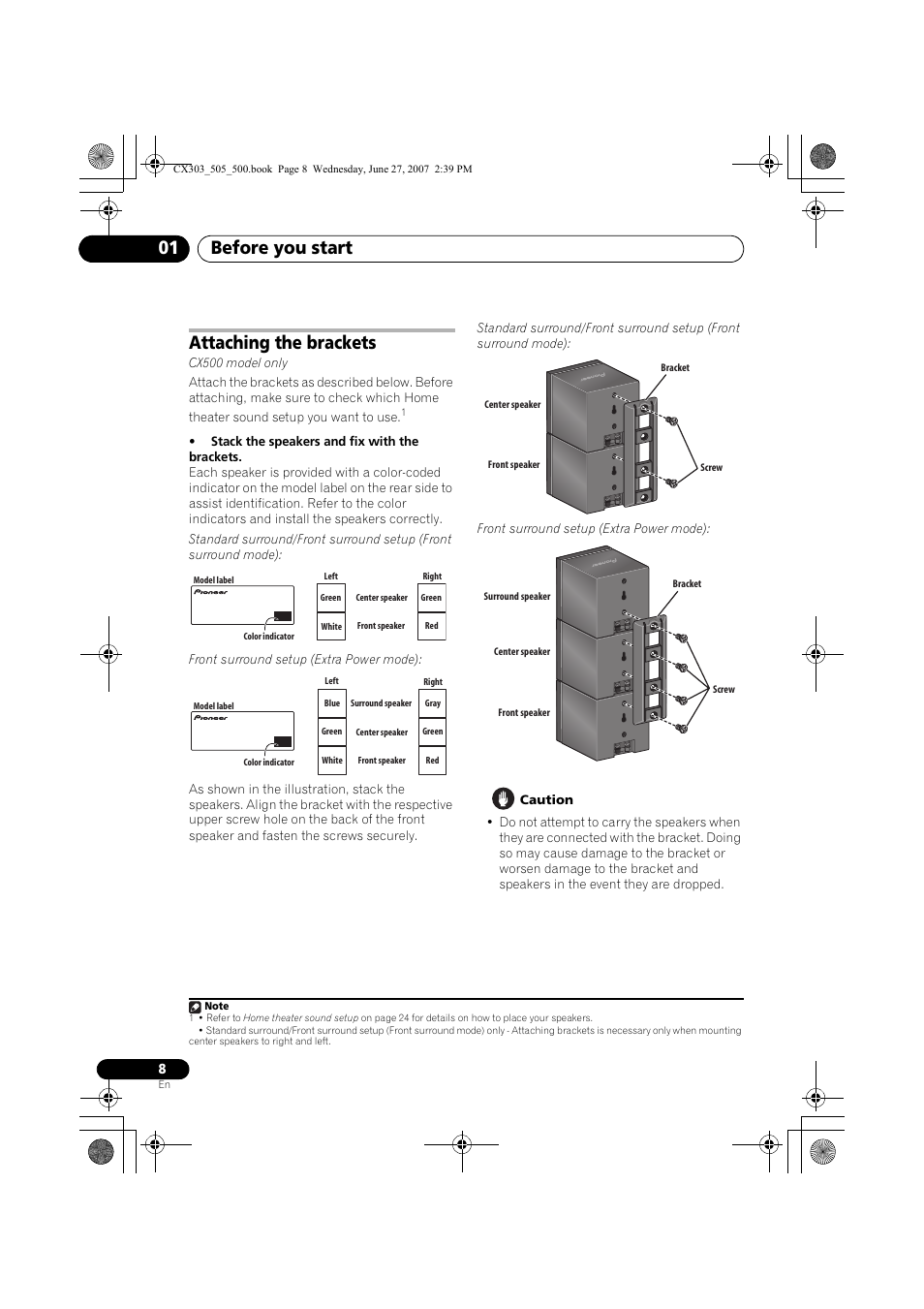 Before you start 01, Attaching the brackets | Pioneer XV-CX303 User Manual | Page 8 / 60