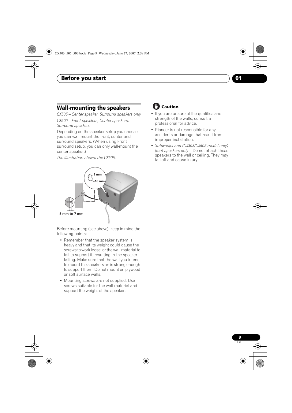 Before you start 01, Wall-mounting the speakers | Pioneer XV-CX303 User Manual | Page 9 / 60