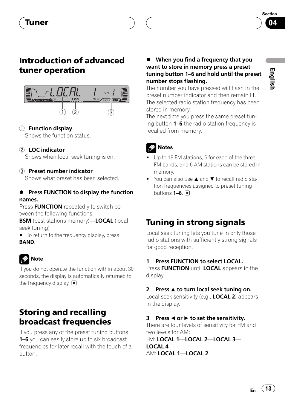 Introduction of advanced tuner, Operation 13, Storing and recalling broadcast | Frequencies 13, Tuning in strong signals 13, Introduction of advanced tuner operation, Storing and recalling broadcast frequencies, Tuning in strong signals, Tuner | Pioneer DEH P4500MP User Manual | Page 13 / 56