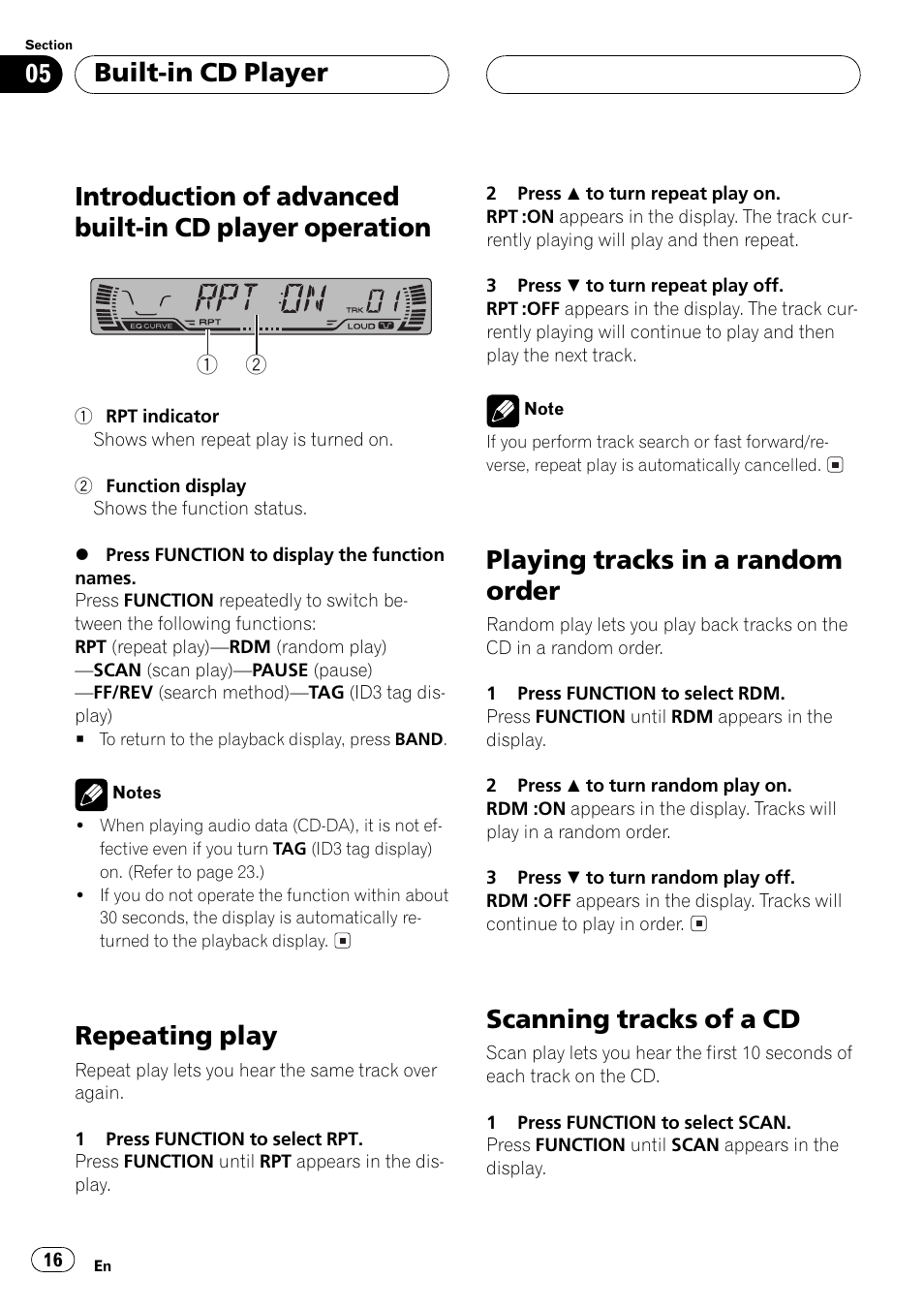 Introduction of advanced built-in cd player, Operation 16, Repeating play | Playing tracks in a random order, Scanning tracks of a cd, Built-in cd player | Pioneer DEH P4500MP User Manual | Page 16 / 56