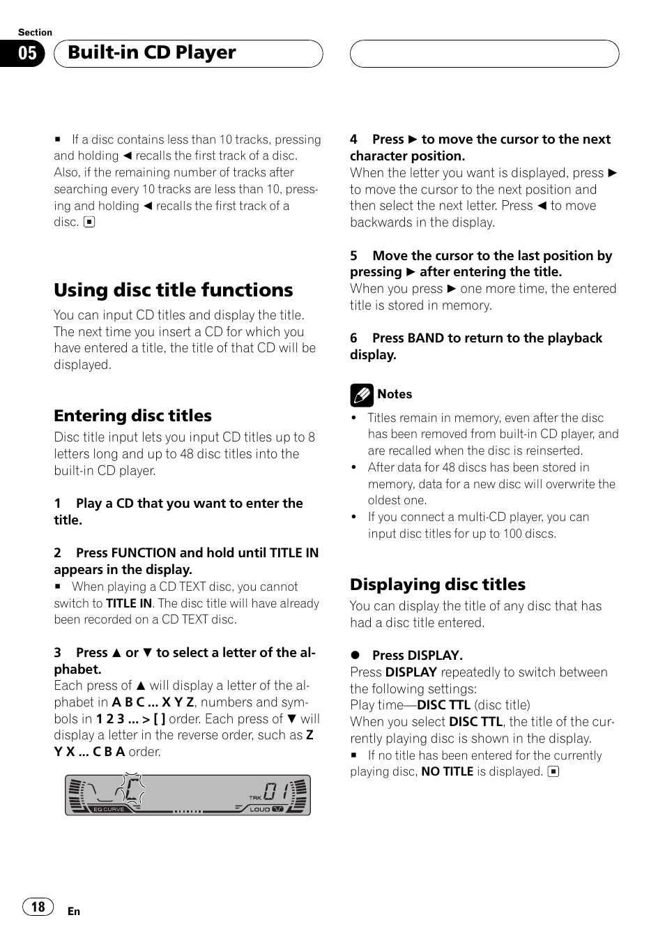 Using disc title functions 18, Entering disc titles 18, Displaying disc titles 18 | Using disc title functions, Built-in cd player, Entering disc titles, Displaying disc titles | Pioneer DEH P4500MP User Manual | Page 18 / 56