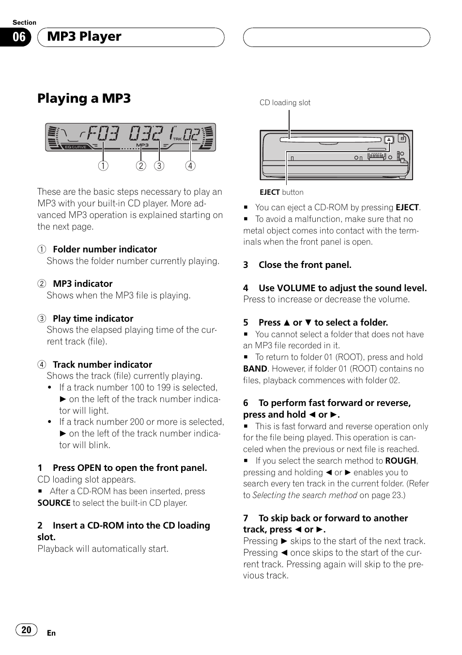 Mp3 mode, Mp3 player playing a mp3 20, Playing a mp3 | Mp3 player | Pioneer DEH P4500MP User Manual | Page 20 / 56