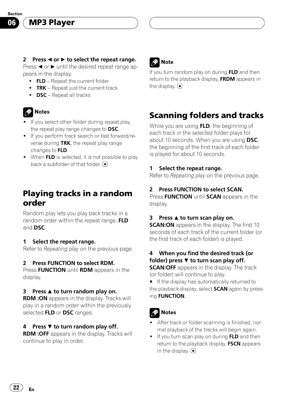 Playing tracks in a random order, Scanning folders and tracks, Mp3 player | Pioneer DEH P4500MP User Manual | Page 22 / 56