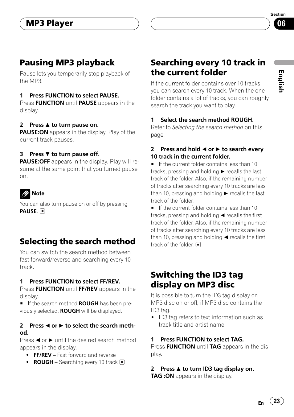 Folder 23, Switching the id3 tag display on mp3, Disc 23 | Pausing mp3 playback, Selecting the search method, Searching every 10 track in the current folder, Switching the id3 tag display on mp3 disc, Mp3 player | Pioneer DEH P4500MP User Manual | Page 23 / 56