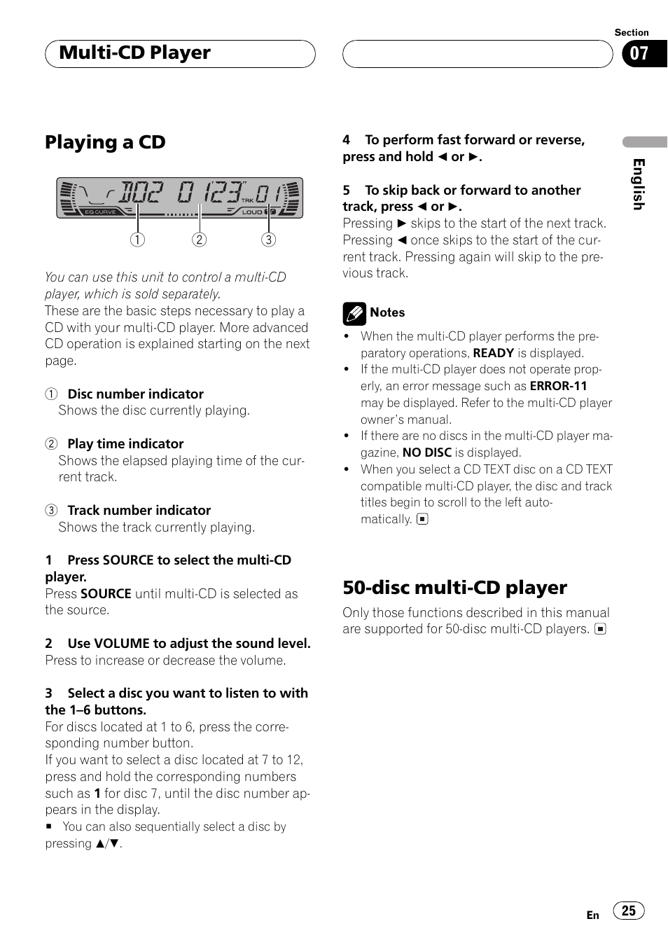 Cd changer mode, Playing a cd, Disc multi-cd player | Multi-cd player | Pioneer DEH P4500MP User Manual | Page 25 / 56