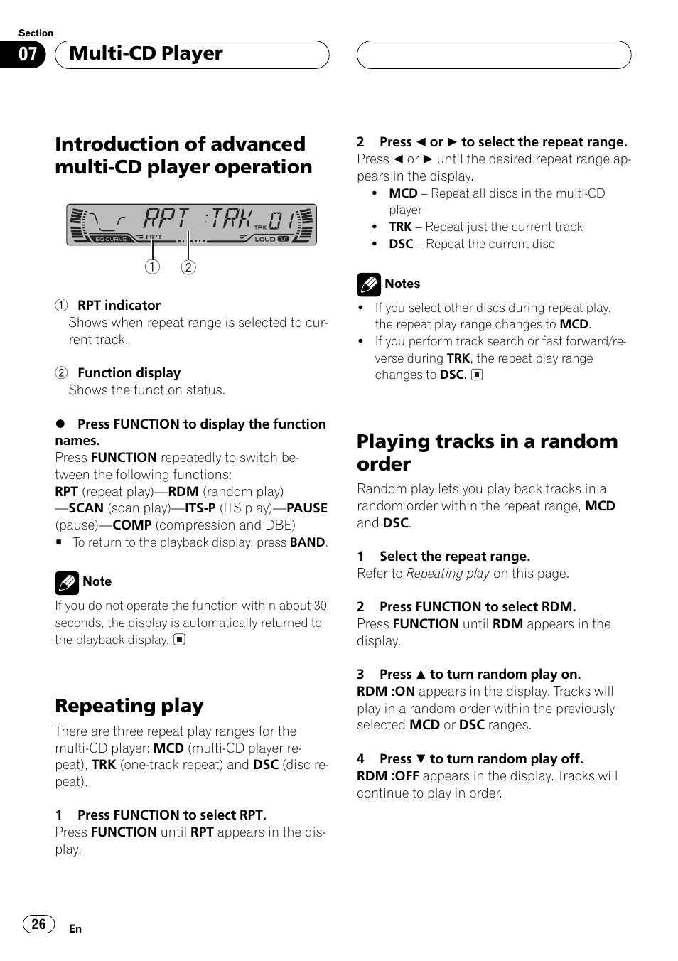 Introduction of advanced multi-cd player, Operation 26, Repeating play 26 | Playing tracks in a random order 26, Introduction of advanced multi-cd player operation, Repeating play, Playing tracks in a random order, Multi-cd player | Pioneer DEH P4500MP User Manual | Page 26 / 56