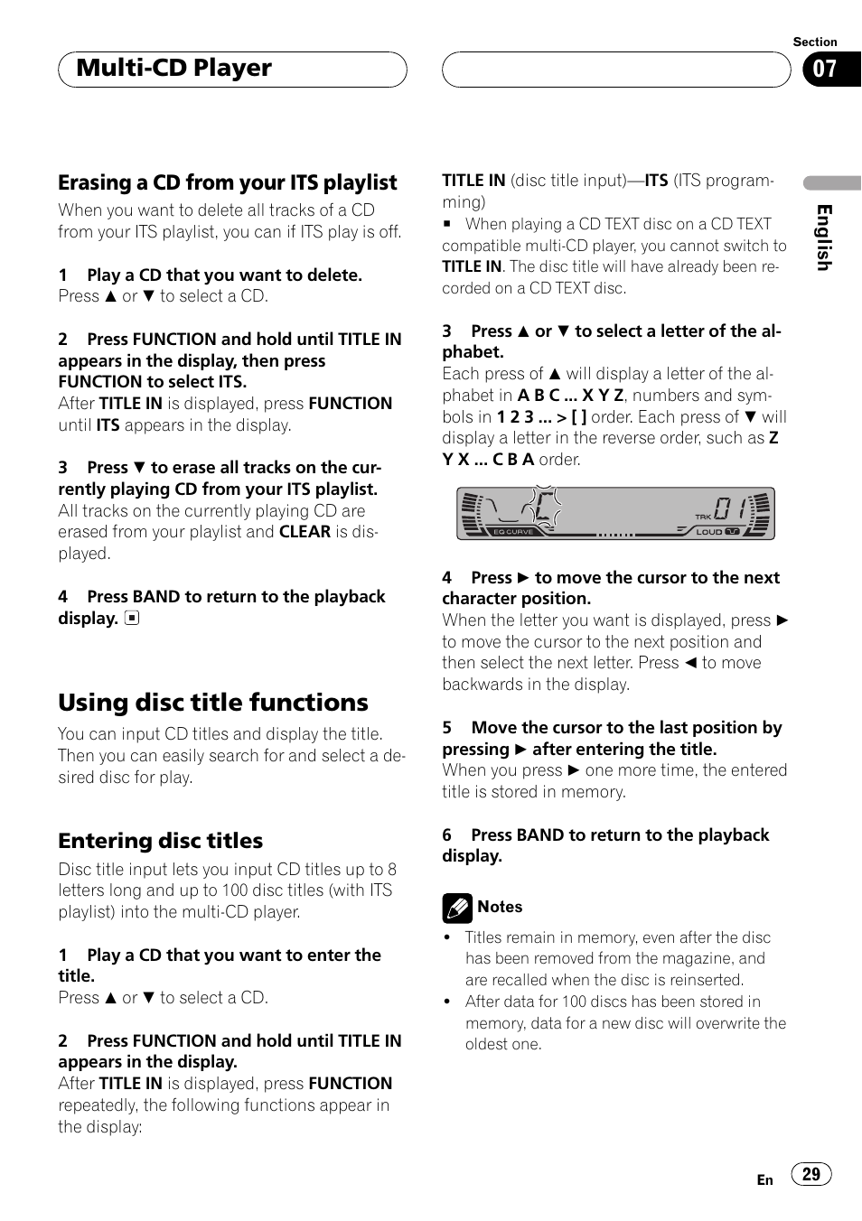 Erasing a cd from your its, Playlist 29, Using disc title functions 29 | Entering disc titles 29, Using disc title functions, Multi-cd player, Erasing a cd from your its playlist, Entering disc titles | Pioneer DEH P4500MP User Manual | Page 29 / 56