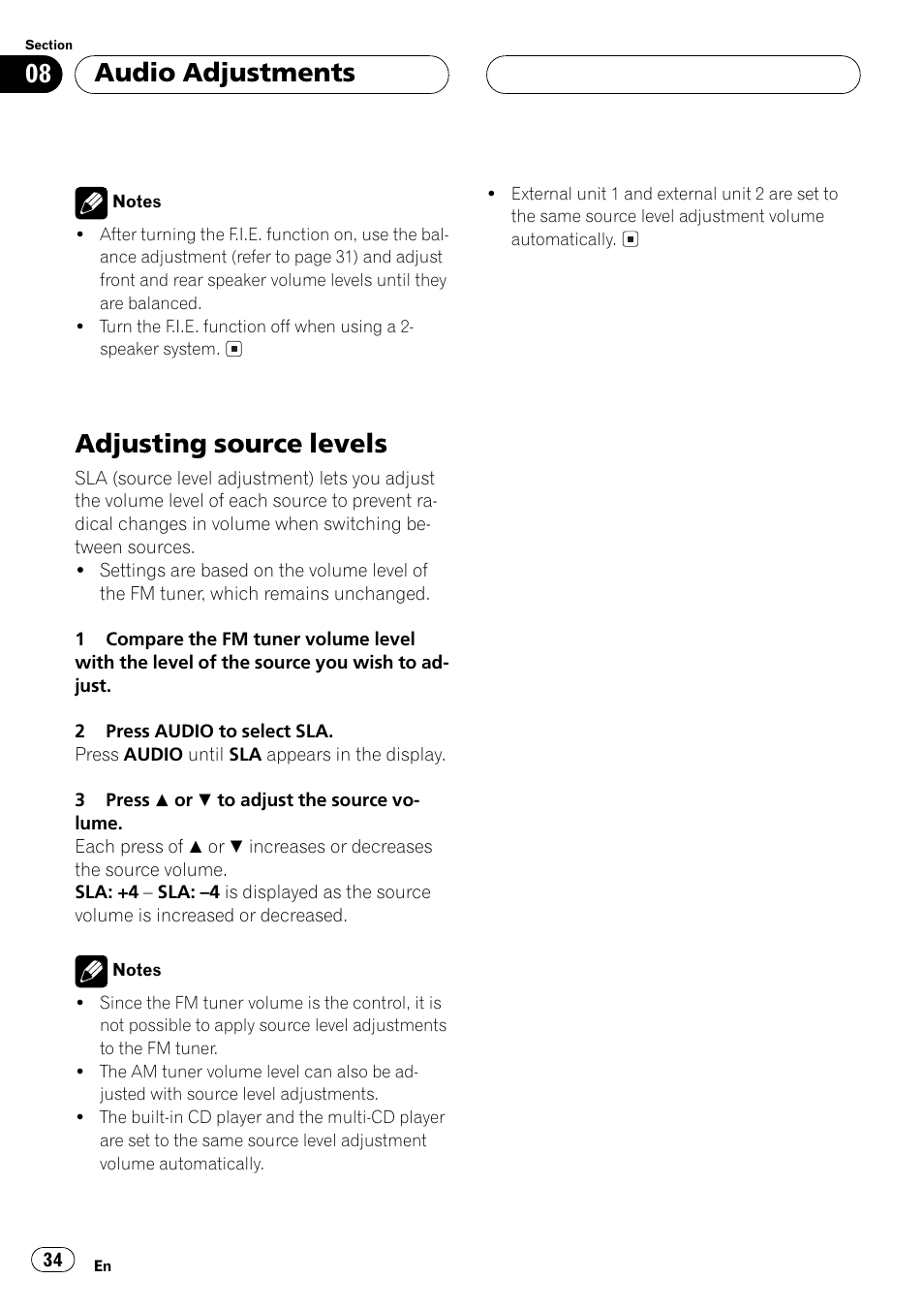 Adjusting source levels 34, Adjusting source levels, Audio adjustments | Pioneer DEH P4500MP User Manual | Page 34 / 56