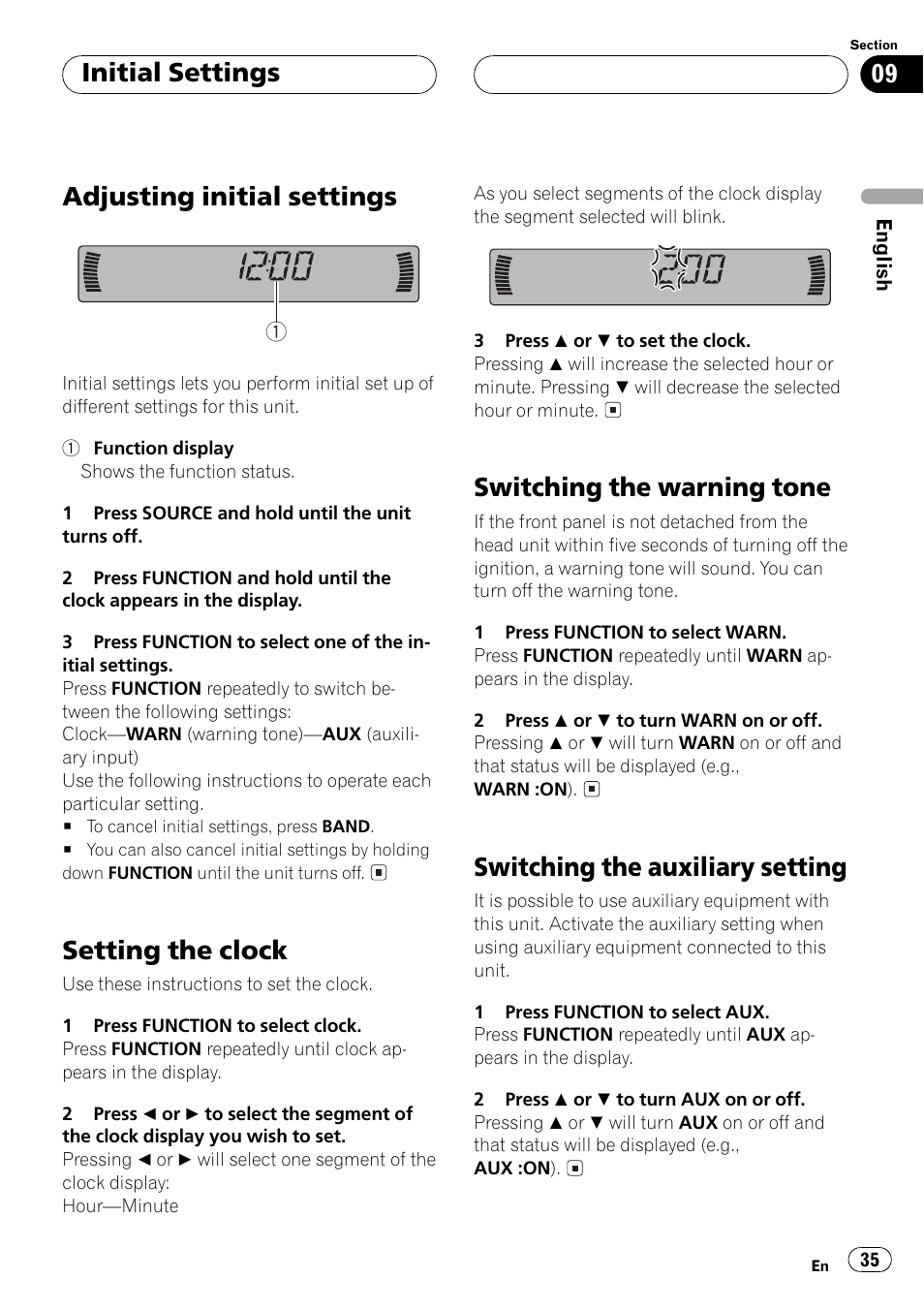 Initial settings, Clock set, Adjusting initial settings | Setting the clock, Switching the warning tone, Switching the auxiliary setting | Pioneer DEH P4500MP User Manual | Page 35 / 56