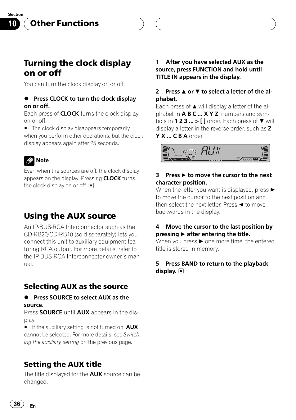 Using the aux source 36, Selecting aux as the source 36, Setting the aux title 36 | Turning the clock display on or off, Using the aux source, Other functions | Pioneer DEH P4500MP User Manual | Page 36 / 56