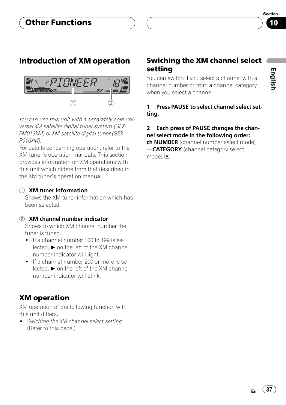 Introduction of xmoperation 37, Xmoperation 37, Swiching the xmchannel select | Setting 37, Introduction of xmoperation, Other functions | Pioneer DEH P4500MP User Manual | Page 37 / 56