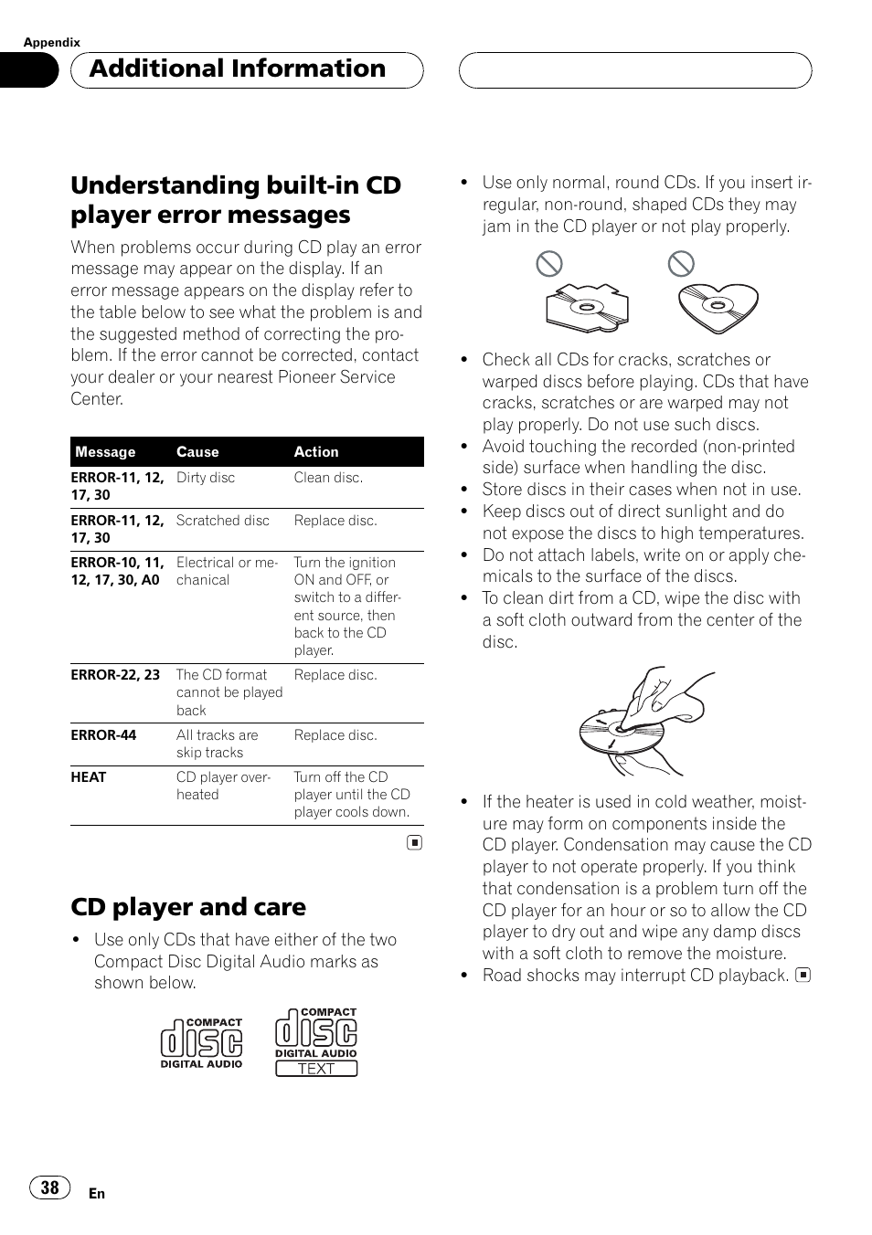 Error messages, Messages 38, Cd player and care 38 | Understanding built-in cd player error messages, Cd player and care, Additional information | Pioneer DEH P4500MP User Manual | Page 38 / 56