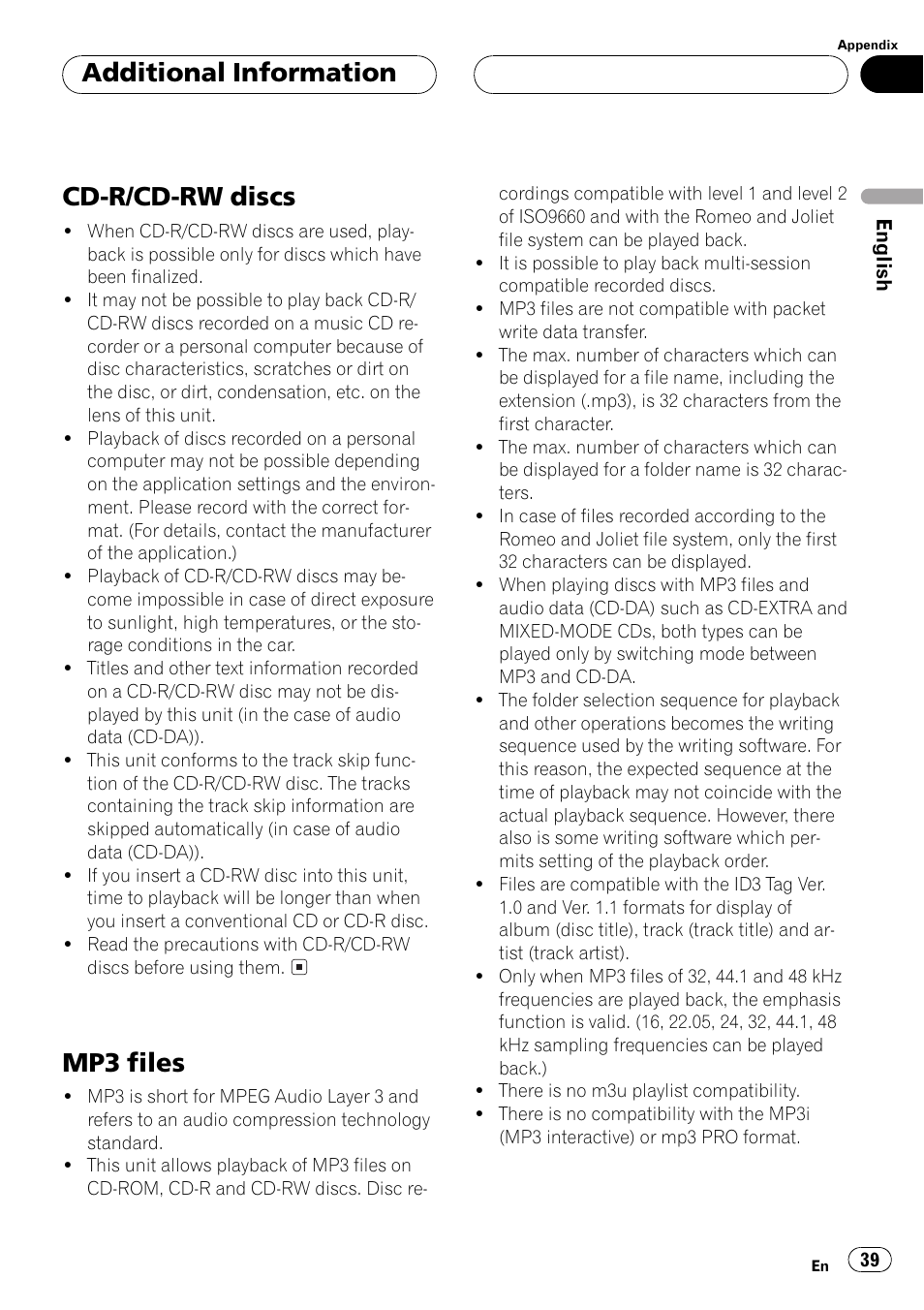 Cd-r / cd-rw info, Mp3 info, Cd-r/cd-rw discs 39 mp3 files 39 | Cd-r/cd-rw discs, Mp3 files, Additional information | Pioneer DEH P4500MP User Manual | Page 39 / 56