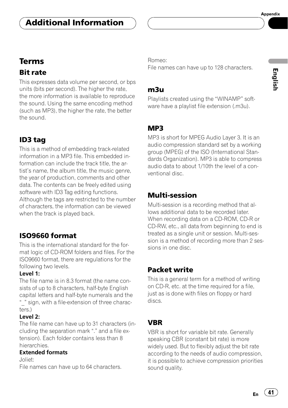 Glossary, Terms 41, Terms | Additional information | Pioneer DEH P4500MP User Manual | Page 41 / 56