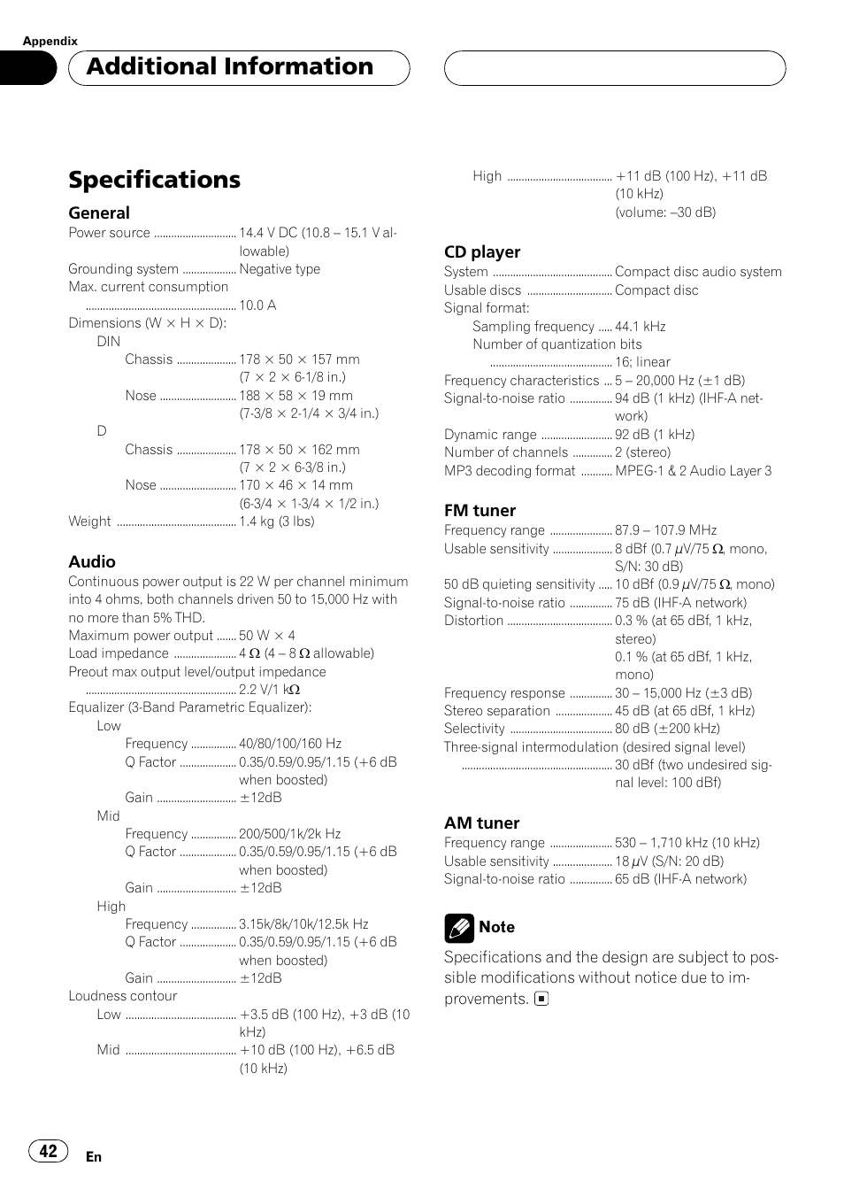 Specs, Specifications 42, Specifications | Additional information | Pioneer DEH P4500MP User Manual | Page 42 / 56