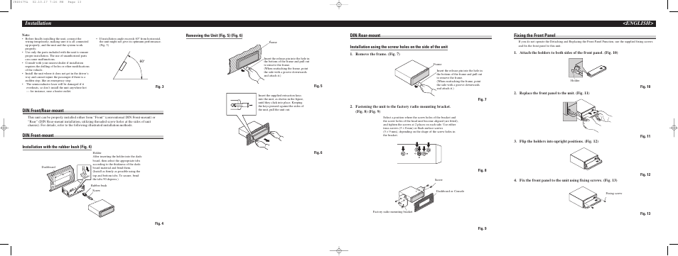 Removing trim ring, English> installation, Din front/rear-mount | Din front-mount, Din rear-mount, Fixing the front panel, Installation with the rubber bush (fig. 4), Removing the unit (fig. 5) (fig. 6) | Pioneer DEH P4500MP User Manual | Page 50 / 56