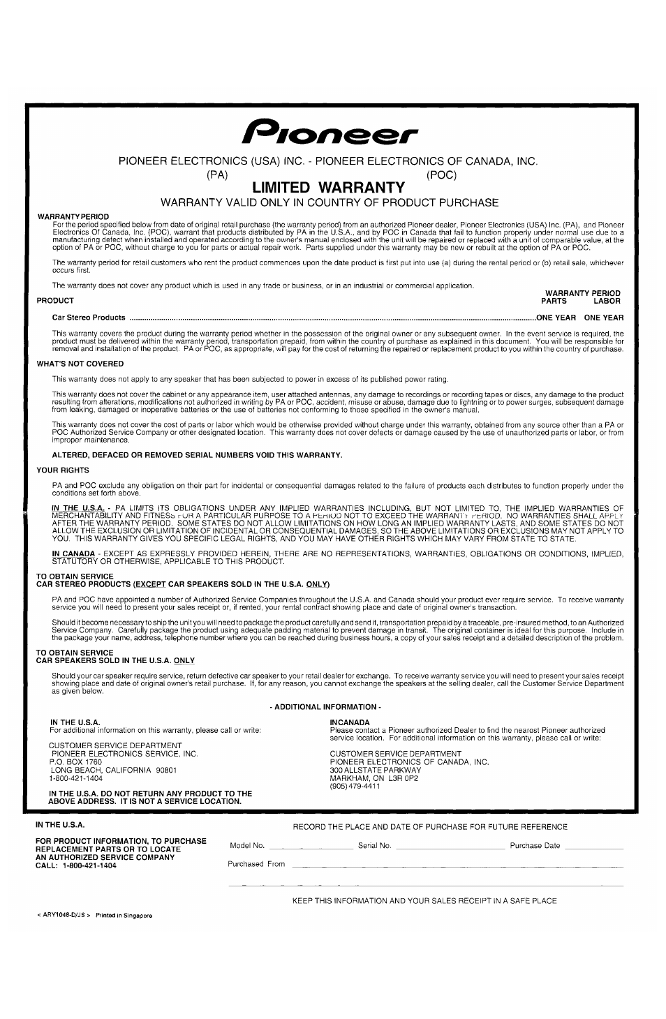 Warranty | Pioneer DEH P4500MP User Manual | Page 56 / 56