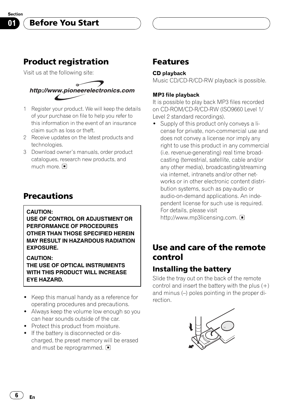 Features, Installing the battery 6, Product registration | Precautions, Use and care of the remote control, Before you start | Pioneer DEH P4500MP User Manual | Page 6 / 56