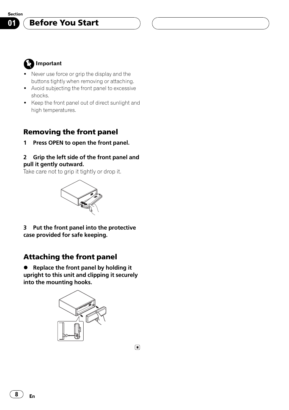 Removing faceplate, Removing the front panel 8, Attaching the front panel 8 | Before you start | Pioneer DEH P4500MP User Manual | Page 8 / 56