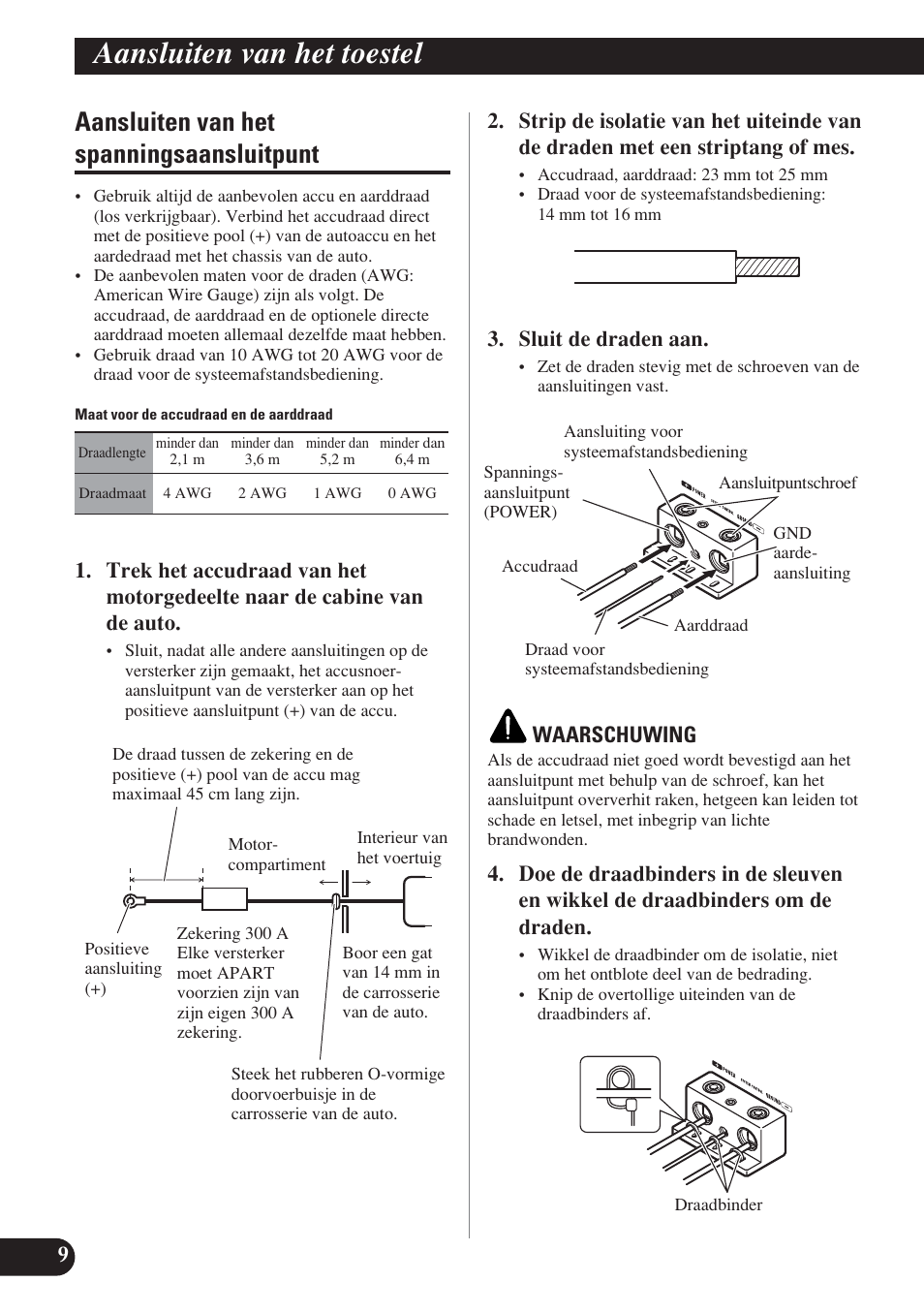 Aansluiten van het spanningsaansluitpunt, Aansluiten van het toestel, Sluit de draden aan | Waarschuwing | Pioneer D2000SPL User Manual | Page 100 / 128