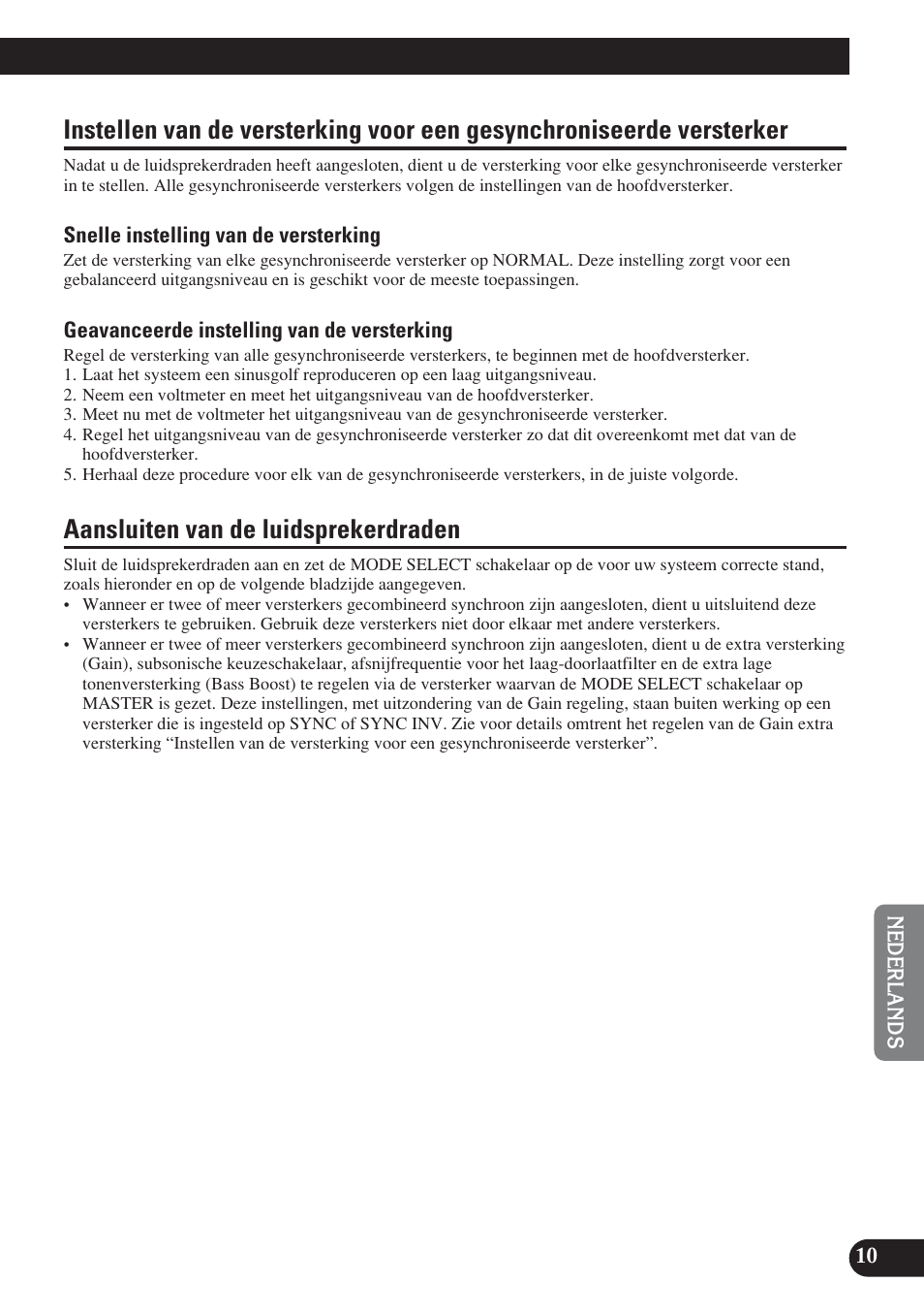 Instellen van de versterking voor een, Gesynchroniseerde versterker, Aansluiten van de luidsprekerdraden | Pioneer D2000SPL User Manual | Page 101 / 128