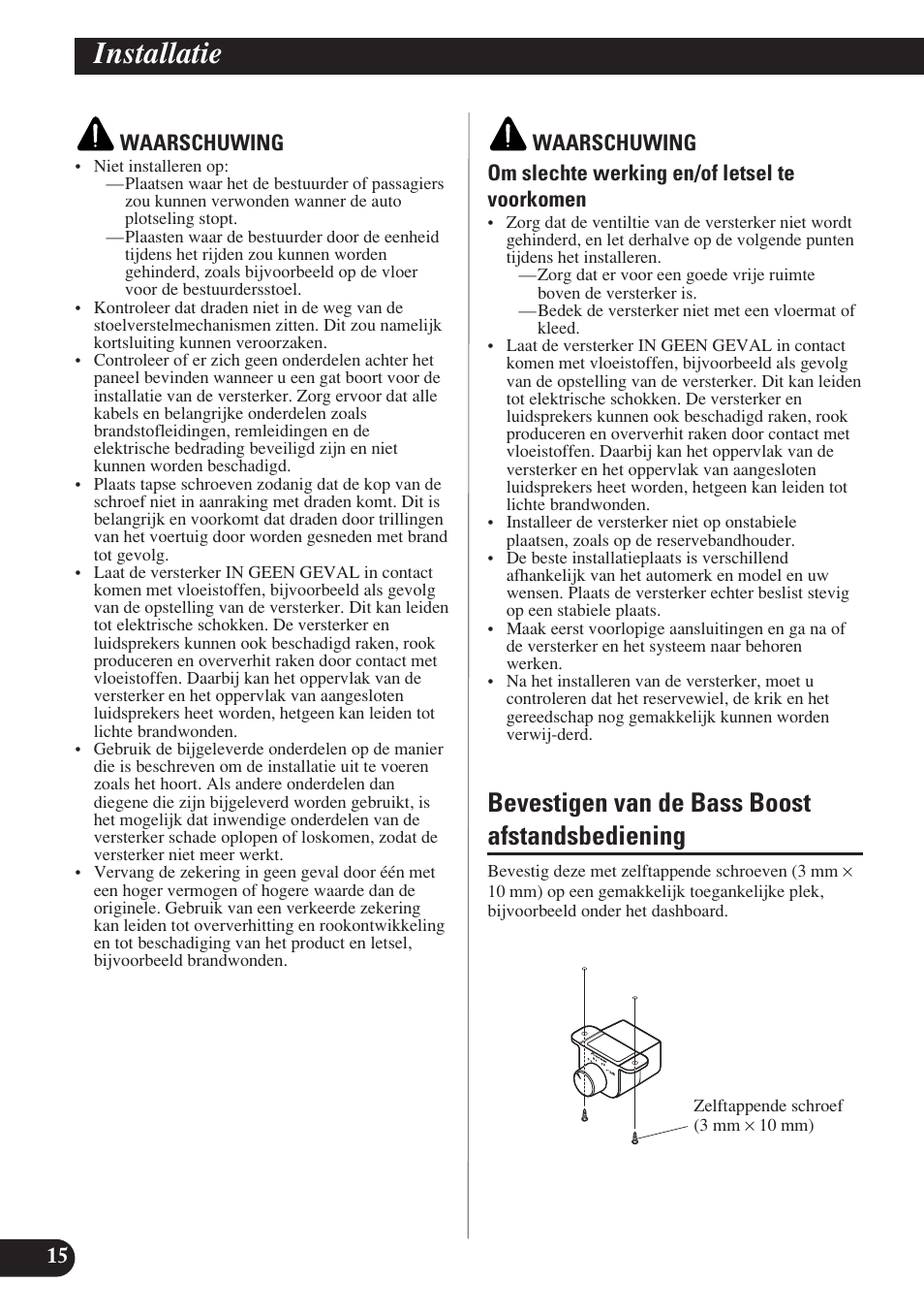 Installatie, Bevestigen van de bass boost, Afstandsbediening | Bevestigen van de bass boost afstandsbediening | Pioneer D2000SPL User Manual | Page 106 / 128