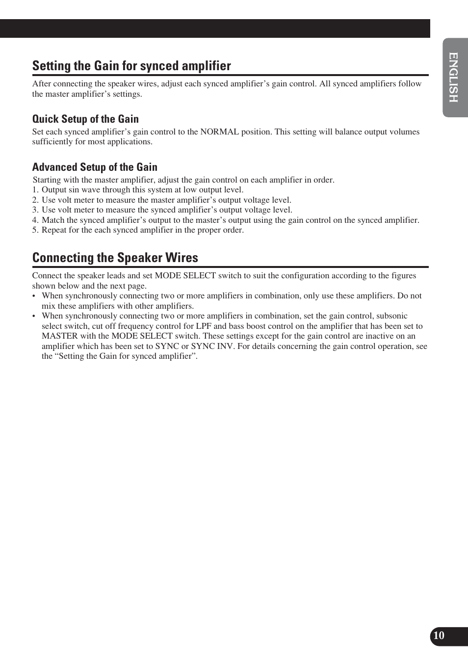 Setting the gain for synced amplifier, Connecting the speaker wires | Pioneer D2000SPL User Manual | Page 11 / 128