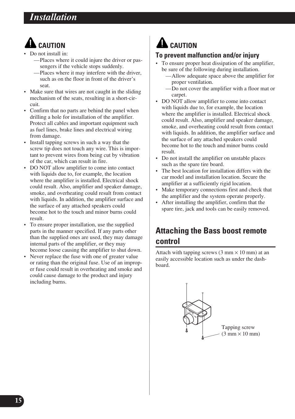 Installation, Attaching the bass boost remote control | Pioneer D2000SPL User Manual | Page 16 / 128