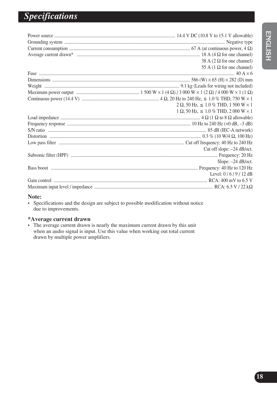 Specifications | Pioneer D2000SPL User Manual | Page 19 / 128