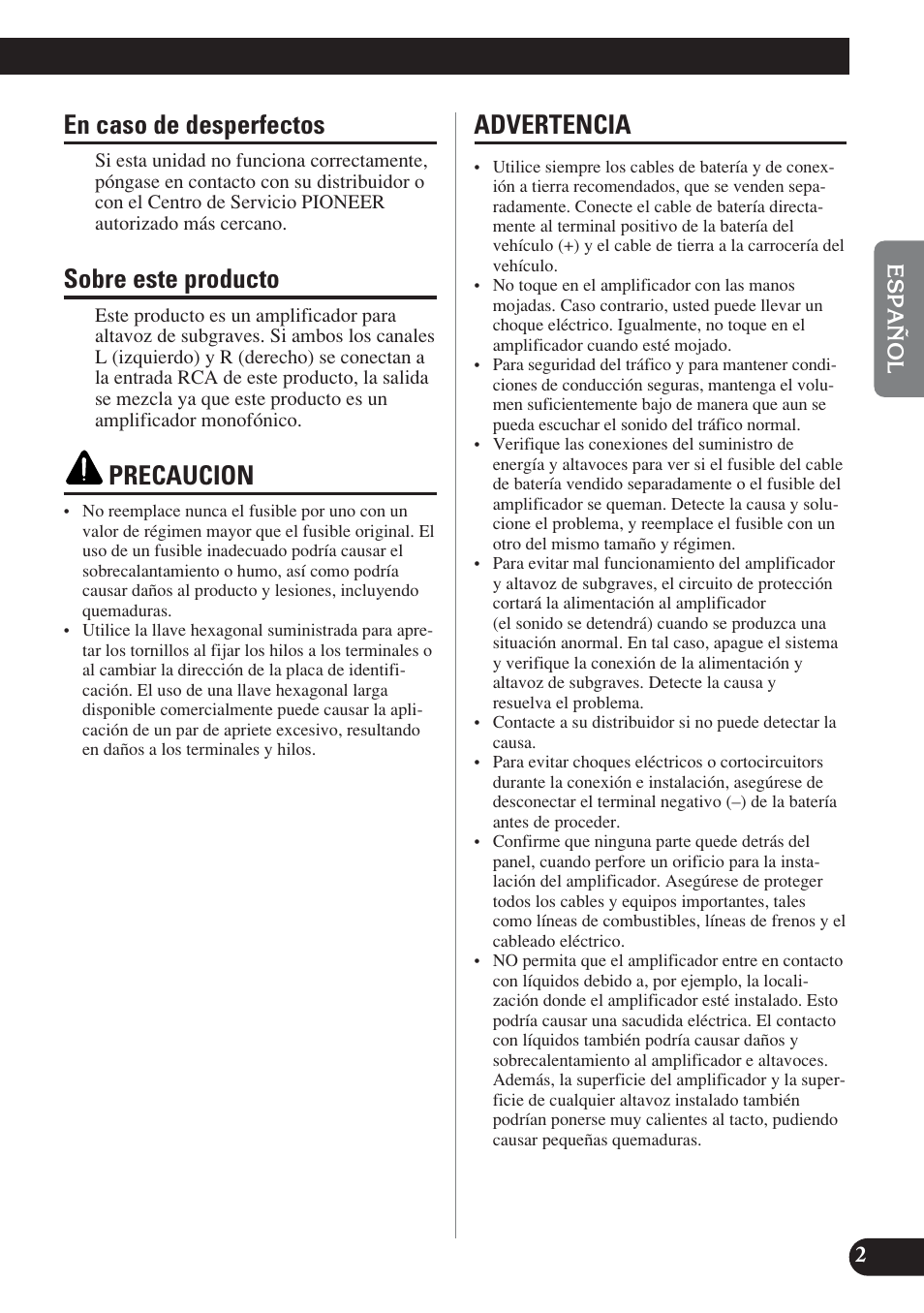 En caso de desperfectos, Sobre este producto, Precaucion | Advertencia | Pioneer D2000SPL User Manual | Page 21 / 128