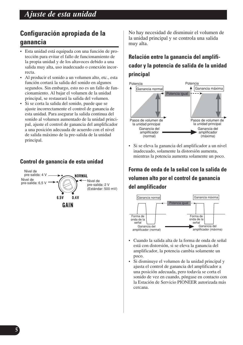 Configuración apropiada de la ganancia, Ajuste de esta unidad, Control de ganancia de esta unidad | Pioneer D2000SPL User Manual | Page 24 / 128