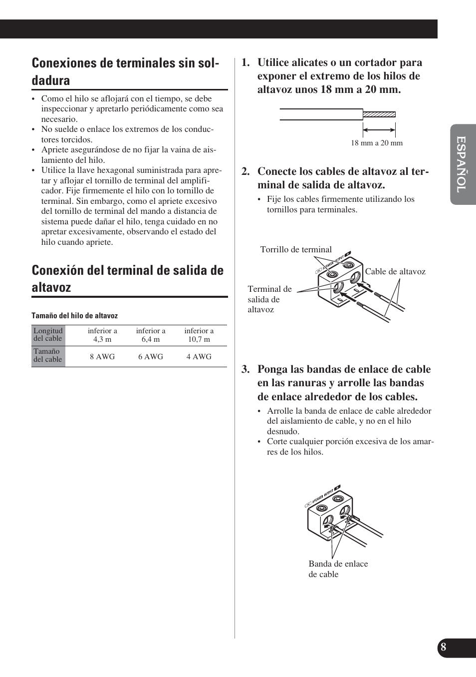 Conexiones de terminales sin sol- dadura, Conexión del terminal de salida de altavoz | Pioneer D2000SPL User Manual | Page 27 / 128