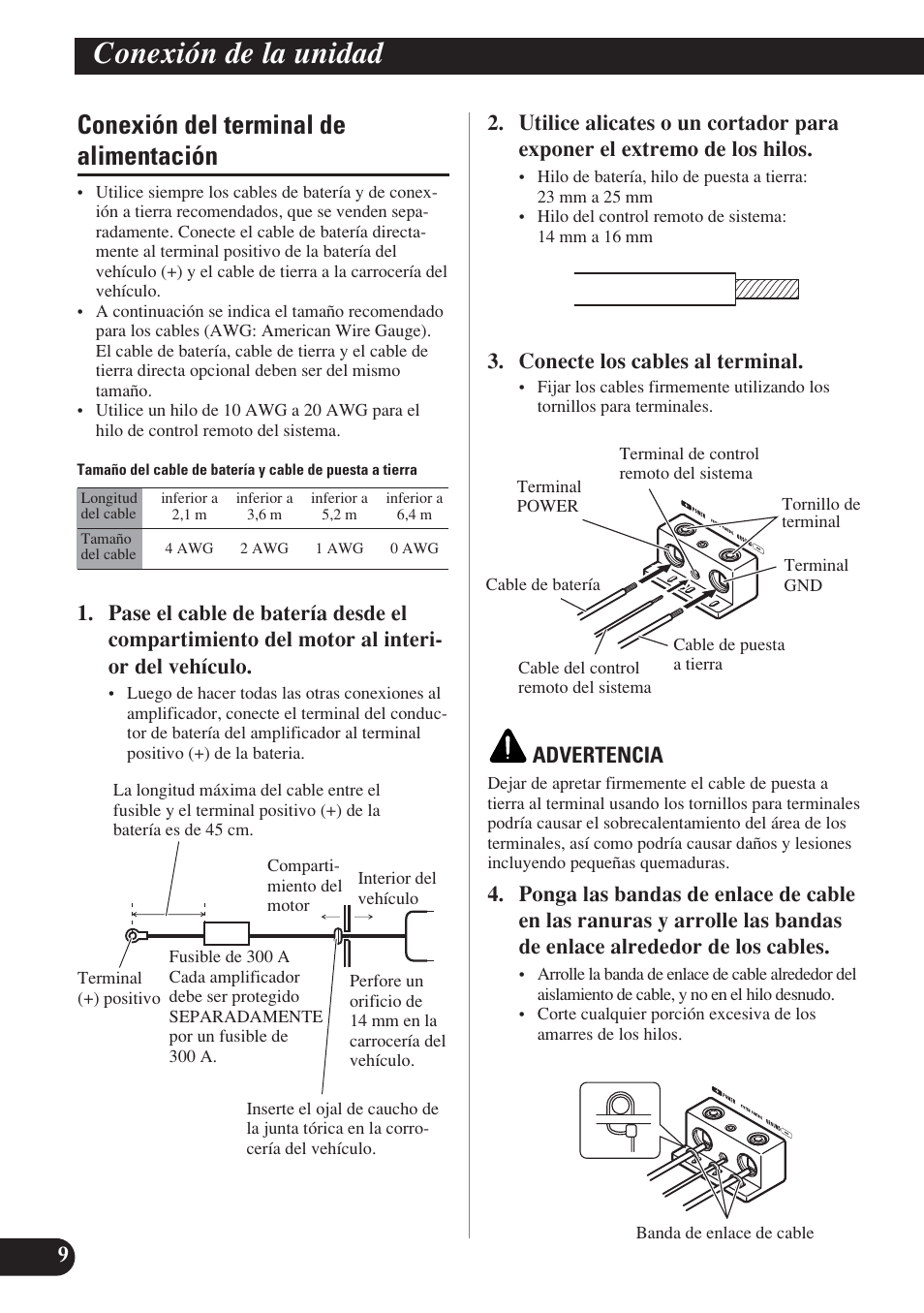 Conexión del terminal de alimentación, Conexión de la unidad, Conecte los cables al terminal | Advertencia | Pioneer D2000SPL User Manual | Page 28 / 128