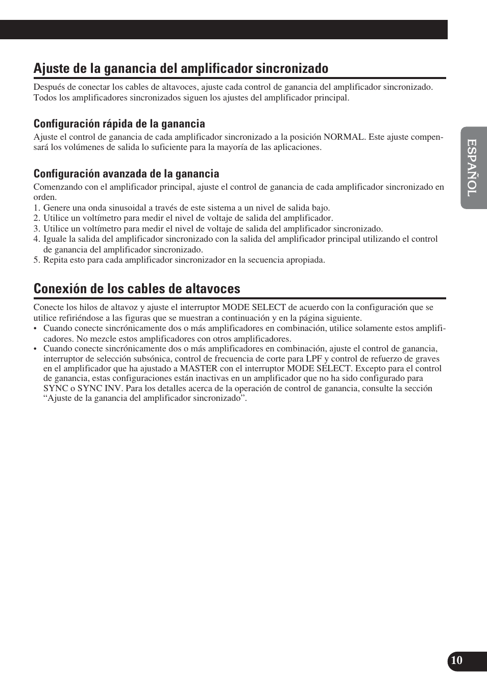 Ajuste de la ganancia del amplificador, Sincronizado, Conexión de los cables de altavoces | Pioneer D2000SPL User Manual | Page 29 / 128