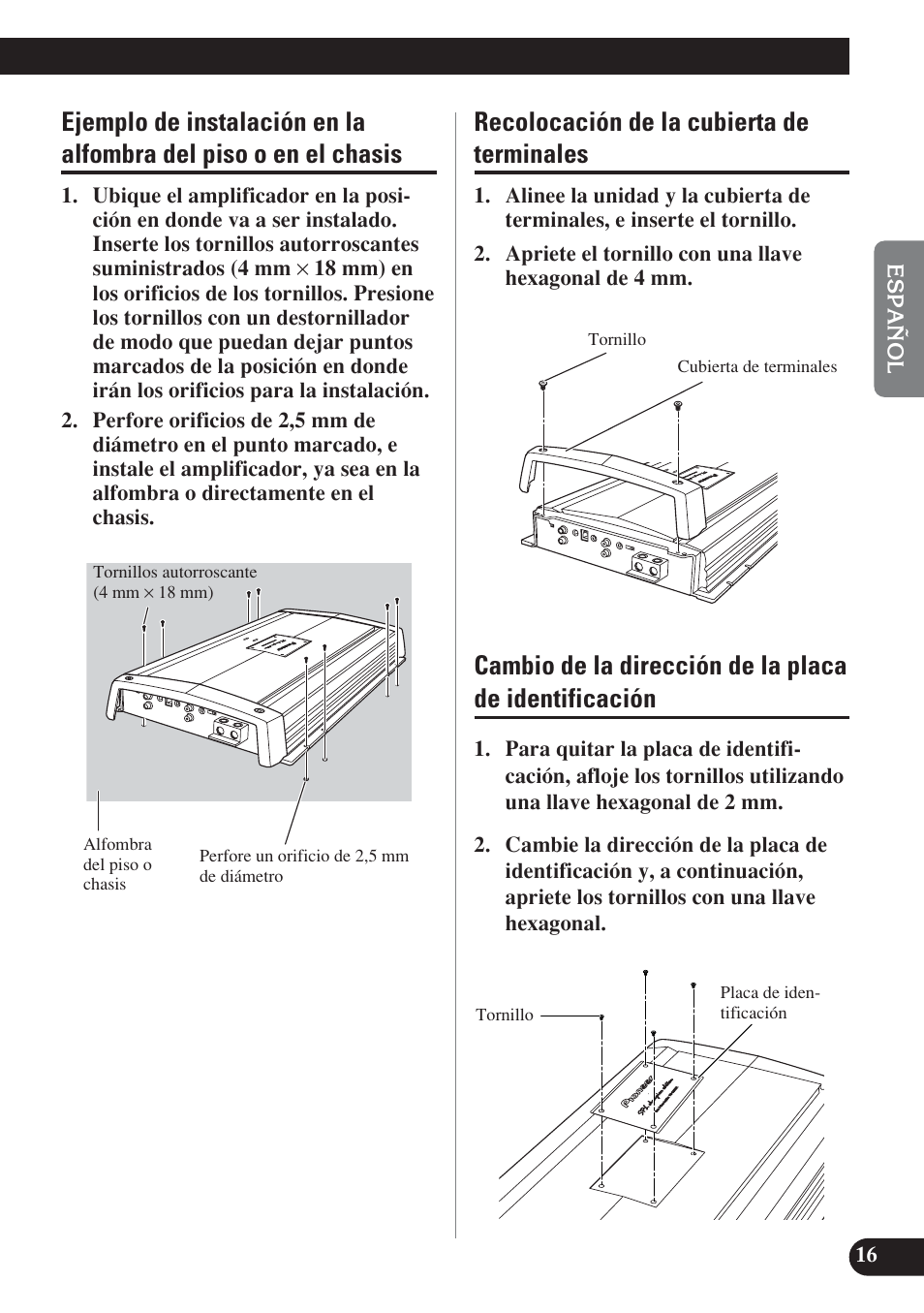 Ejemplo de instalación en la alfombra, Del piso o en el chasis, Identificación | Recolocación de la cubierta de terminales | Pioneer D2000SPL User Manual | Page 35 / 128