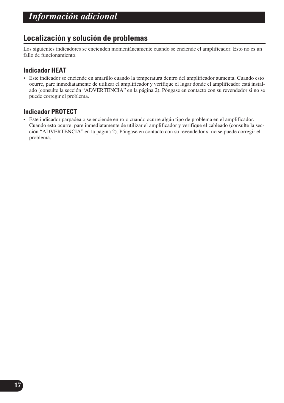 Información adicional, Localización y solución de problemas | Pioneer D2000SPL User Manual | Page 36 / 128