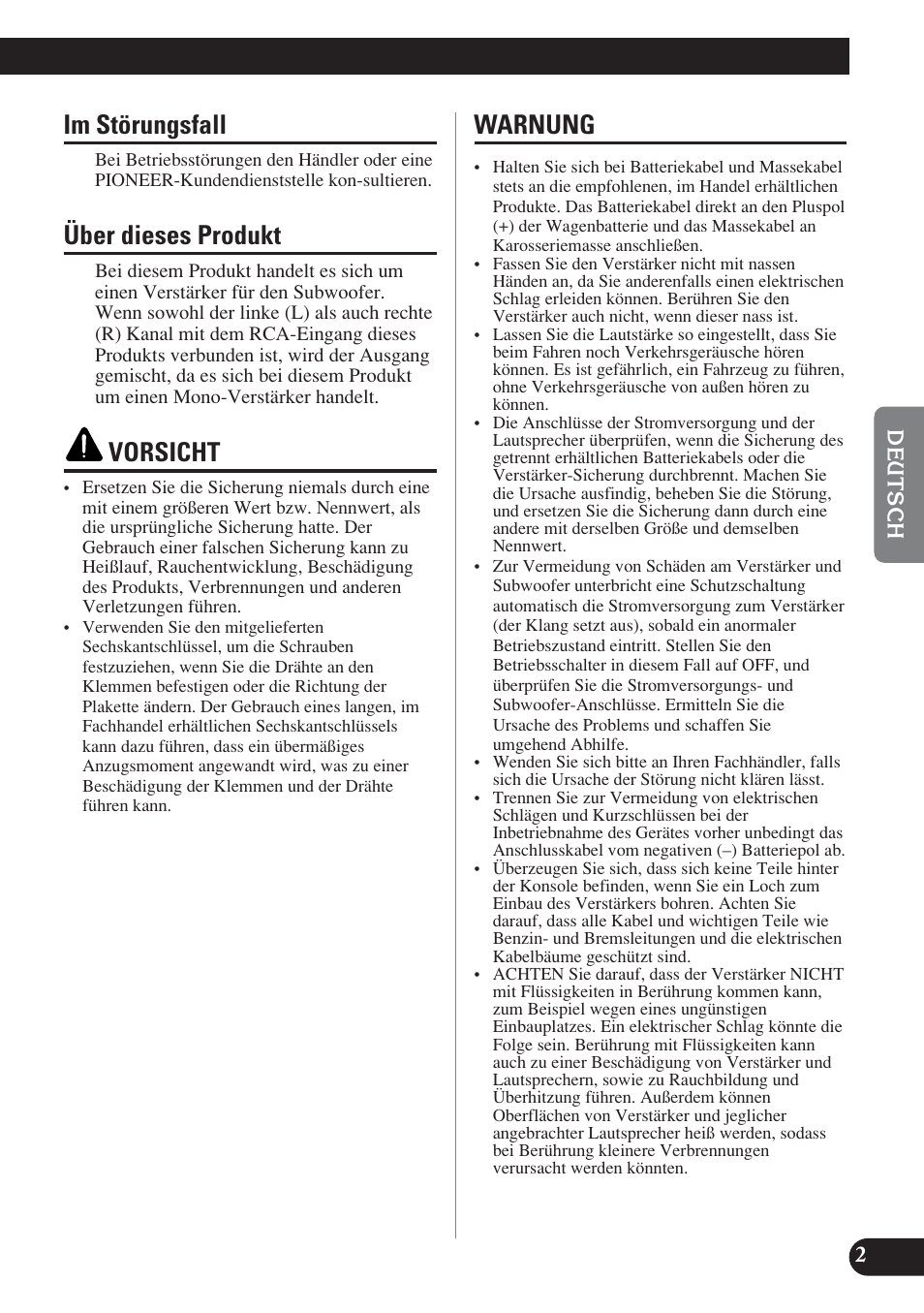 Im störungsfall, Über dieses produkt, Vorsicht | Warnung | Pioneer D2000SPL User Manual | Page 39 / 128