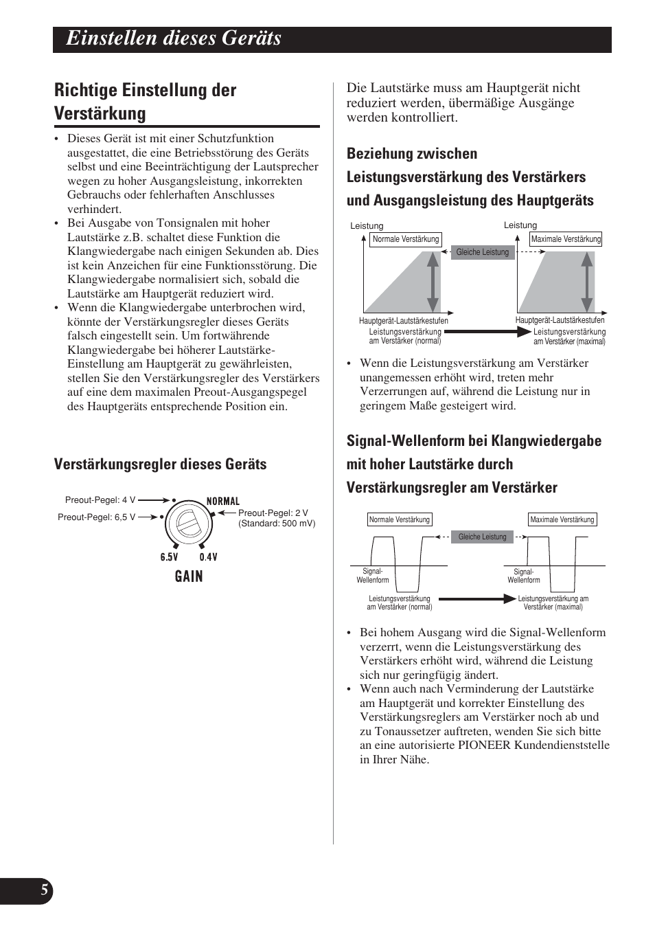 Richtige einstellung der verstärkung, Einstellen dieses geräts, Verstärkungsregler dieses geräts | Pioneer D2000SPL User Manual | Page 42 / 128