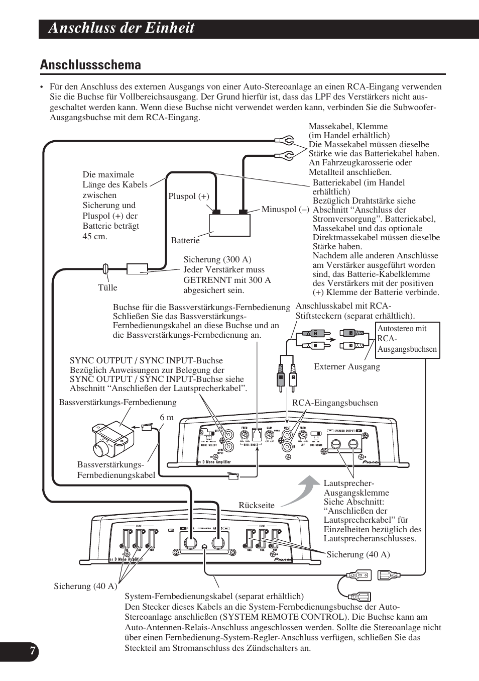 Anschlussschema, Anschluss der einheit | Pioneer D2000SPL User Manual | Page 44 / 128