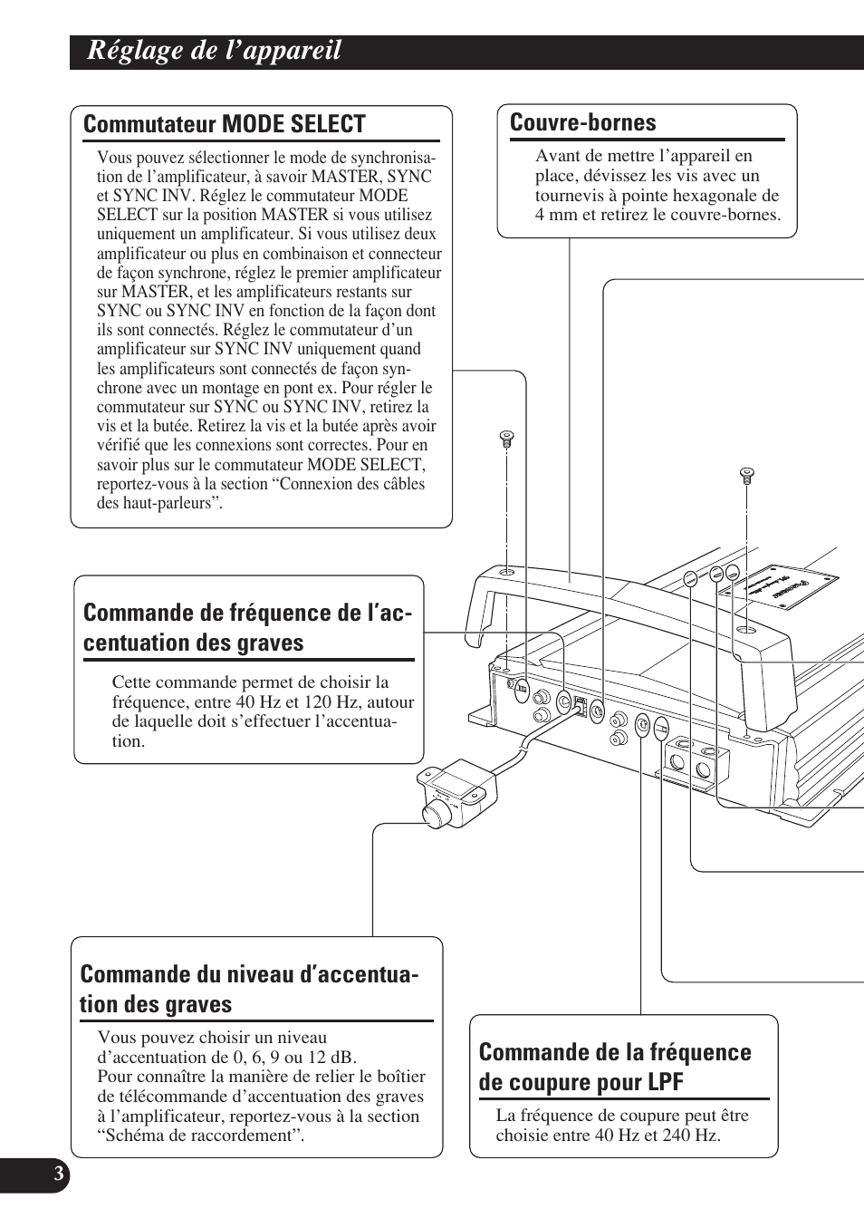 Réglage de l’appareil, Des graves, Commande du niveau d’accentuation | Pioneer D2000SPL User Manual | Page 58 / 128